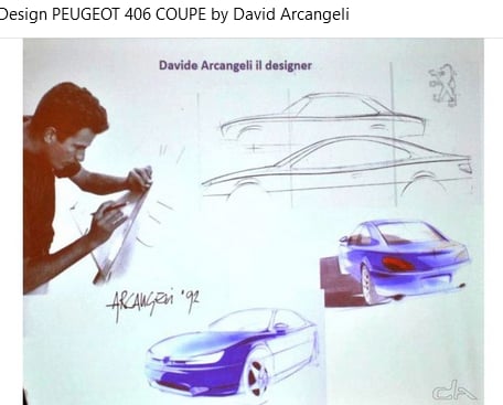 Davide Arcangeli à sa planche à dessin, entouré de ses recherches pour le coupé 406