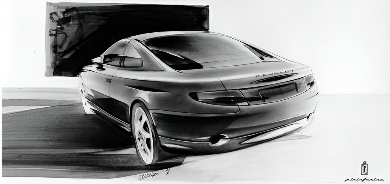 Croquis de recherche du coupé 406 vu de trois quarts arrière, portant la signature Pininfarina