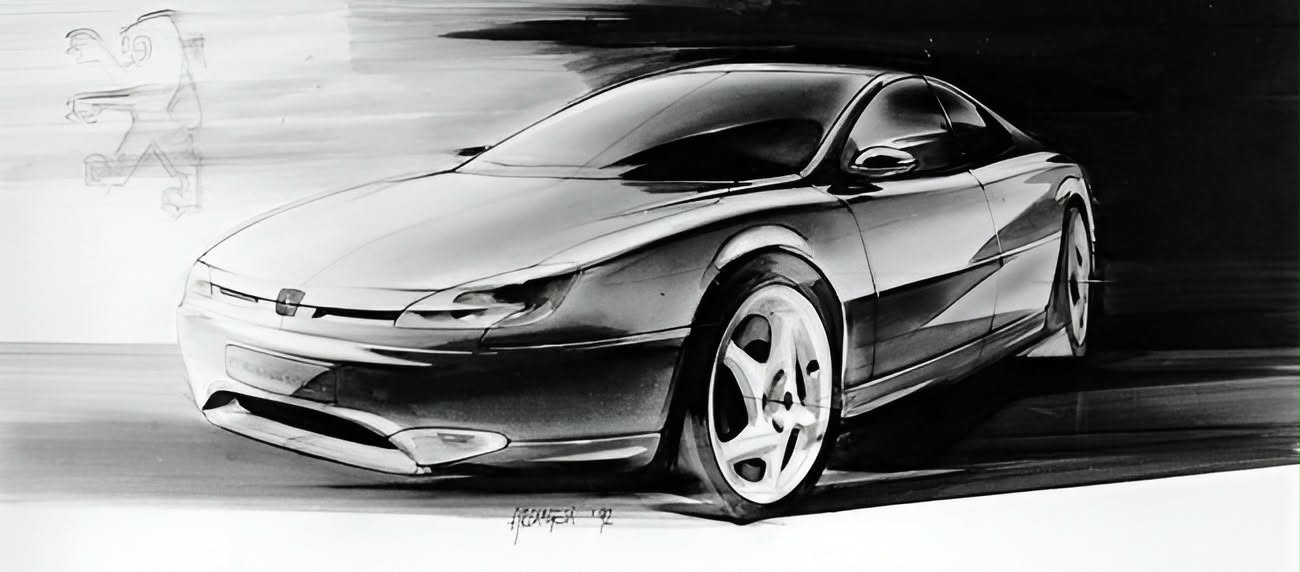 Croquis de recherche du coupé 406 vu de trois quarts avant, signé et daté 1992